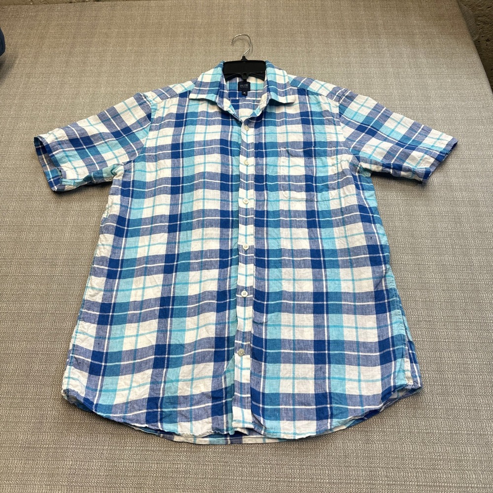 BLUE Saks Fifth Avenue Linen Shirt Mens Medium‎ Blue Plaid Lightweight Euro